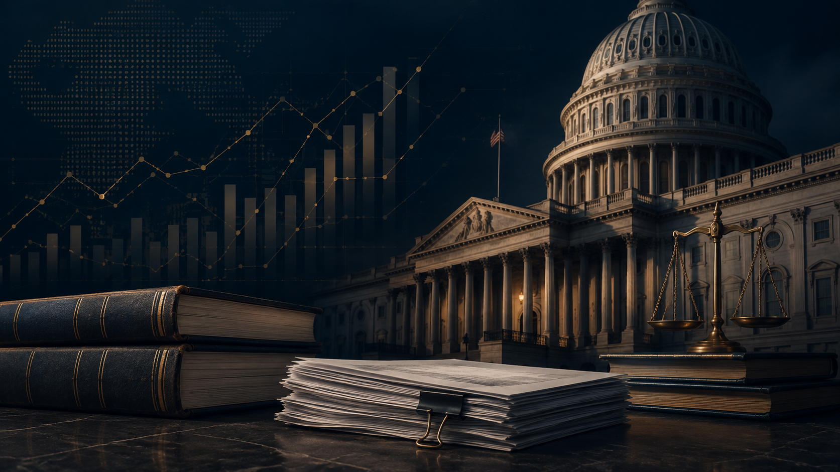 Stacked law books, legal document files with a binder clip, and brass scales of justice set against the illuminated Capitol building dome and financial growth charts.