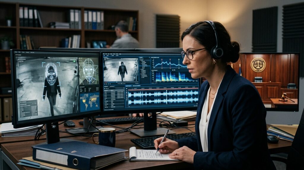 Legal professional examining digital evidence for signs of deepfake manipulation