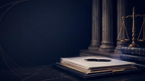 A stack of legal documents with a luxury pen lying on top, set on a dark marble surface next to blue law books, brass scales of justice, and courthouse columns on the right.