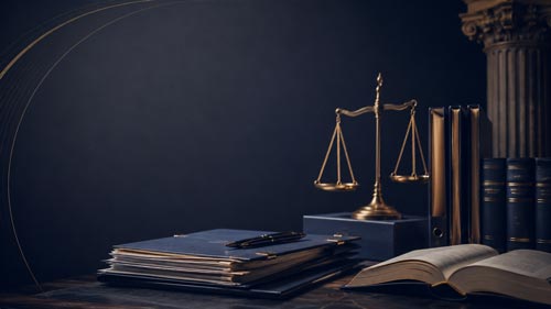 An open law book resting on a dark wooden desk next to a stack of blue folders with a pen, brass scales of justice, vertical law books, and a classical column.