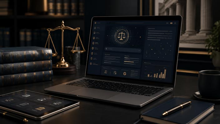 An open laptop displaying a dark legal software portal with scales of justice and analytics charts, accompanied by a tablet with app icons, leather law books, a notepad, and a gold scale of justice on a dark office desk.