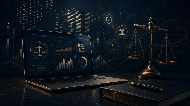 A dark laptop screen displaying legal analytics charts next to a brass scale of justice, a pen, and a book on a dark desk with digital grid overlays in the background.