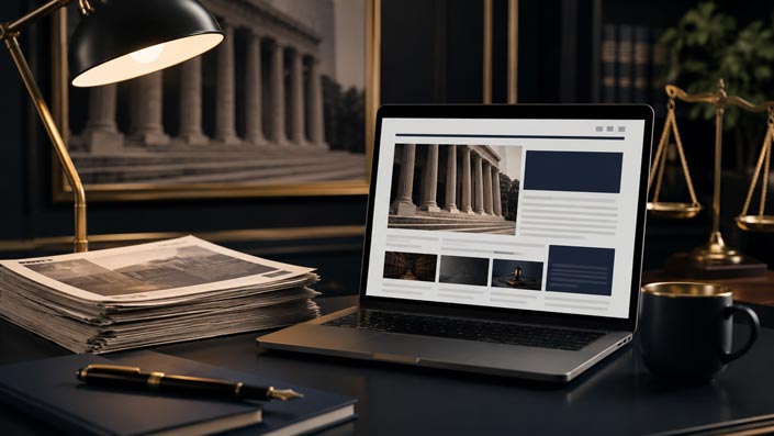 An open laptop displaying a legal website layout on a dark desk illuminated by a desk lamp, next to a stack of newspapers, a coffee mug, and brass scales of justice.