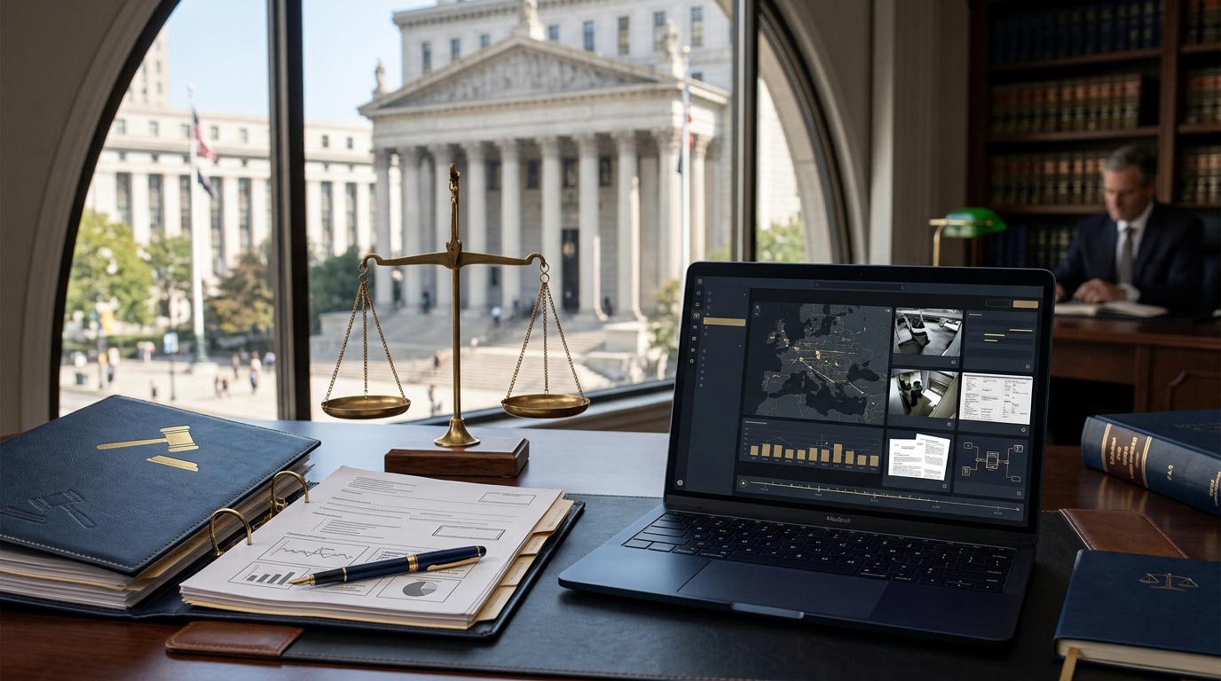 An open laptop displaying software analytics sits on a desk alongside brass scales of justice, open binder, and pen, with an arched window overlooking a classical courthouse.