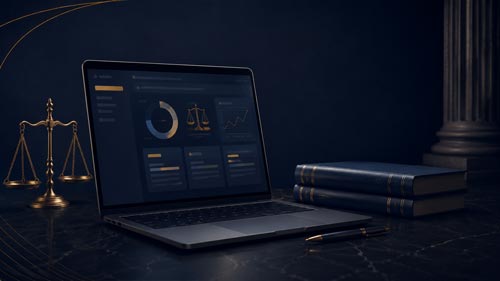 An open laptop displaying legal software charts and data analytics on a dark desk, flanked by brass scales of justice, law books, a pen, and a classical courthouse column.