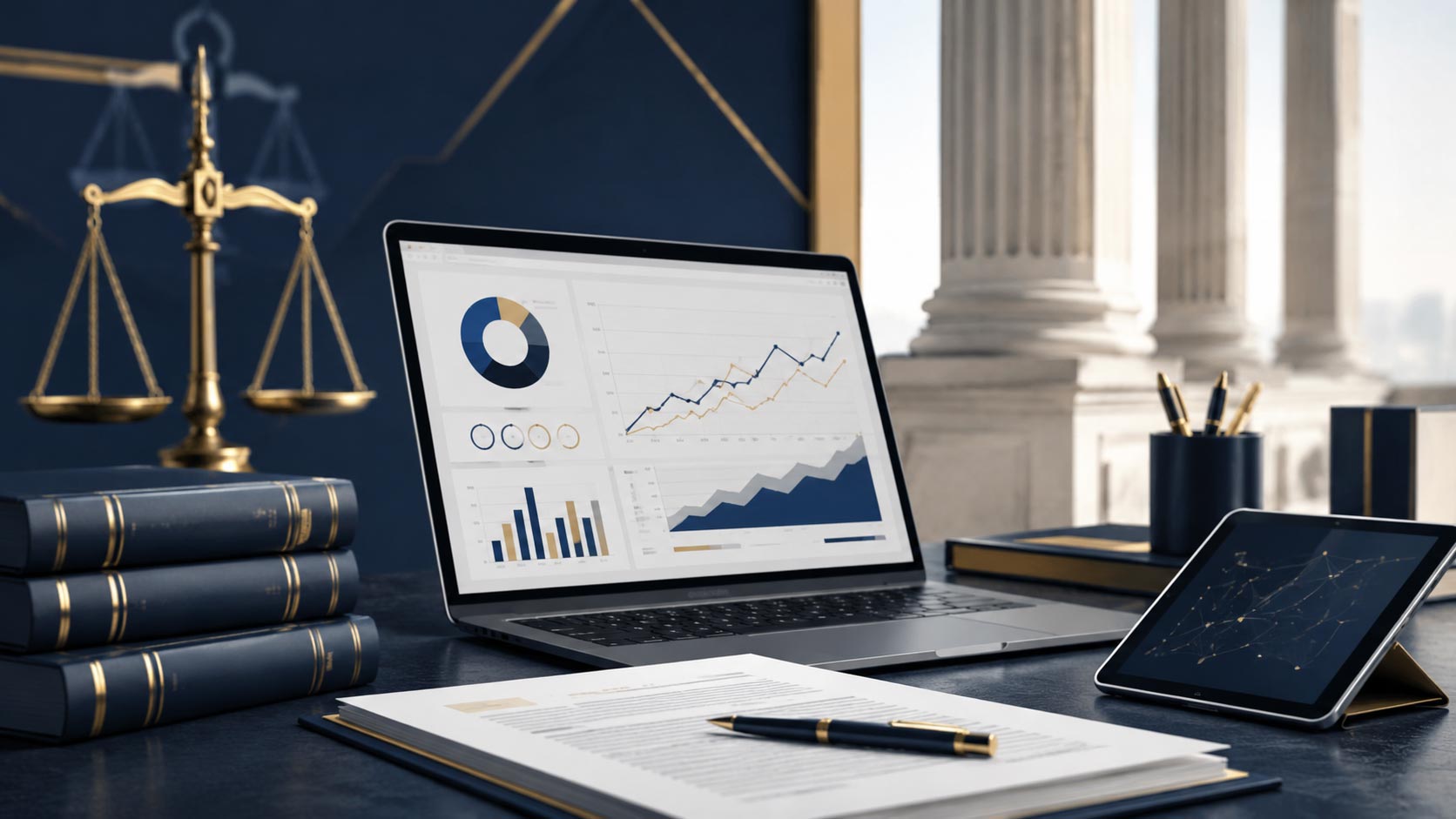 An open laptop displaying financial charts and data analytics dashboards on a desk with stacked law books, brass scales of justice, a pen on a document portfolio, and classical courthouse columns in the background.