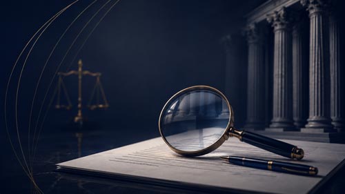 A magnifying glass and luxury pen rest on printed legal documents on a dark desk, set against scales of justice and classical courthouse columns in the background.