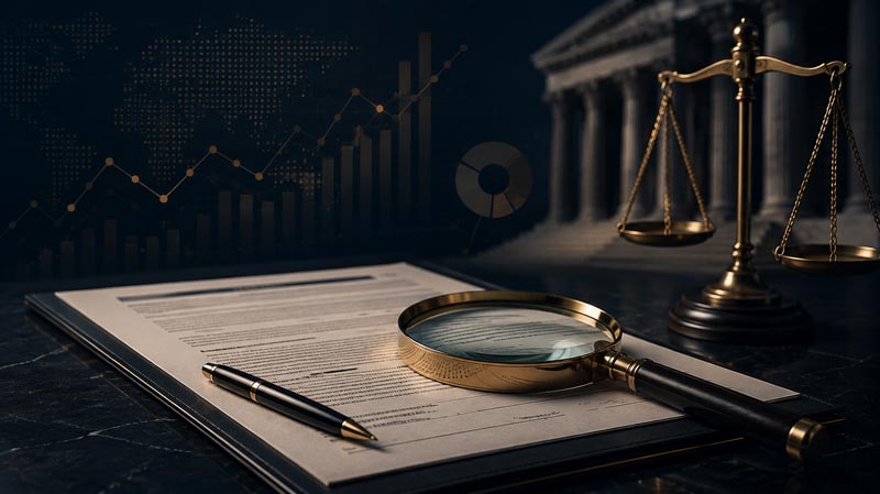 A magnifying glass and pen resting on legal documents alongside brass scales of justice, with courthouse pillars and financial growth charts in the background.