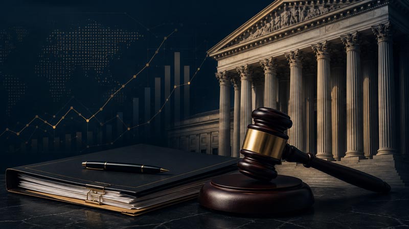 A wooden gavel resting on a sound block next to a black legal binder with a pen, in front of classical courthouse pillars and financial growth charts.
