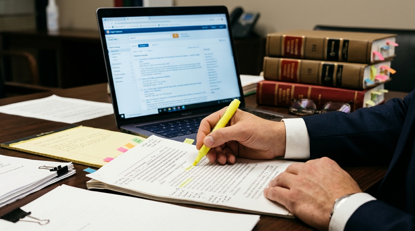 Attorney checking legal citations and court documents for accuracy under California SB 574